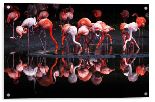 Flamingos using an oil painting filter Acrylic by Leighton Collins