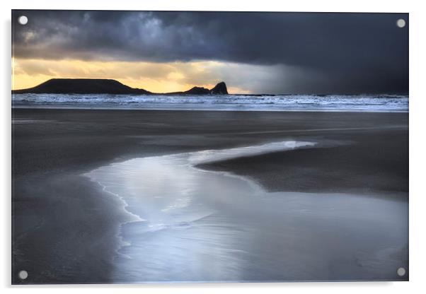 Dusk at Worms Head and Rhossili Bay Acrylic by Leighton Collins