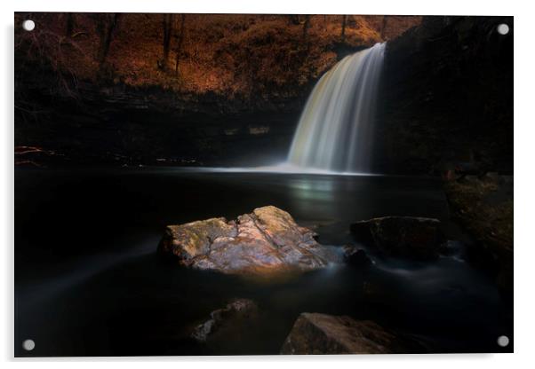 Moody Sgwd Gwladus waterfall Acrylic by Leighton Collins