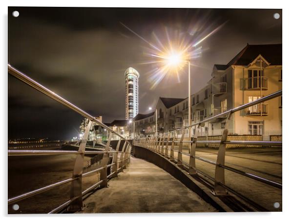Swansea promenade at night Acrylic by Leighton Collins