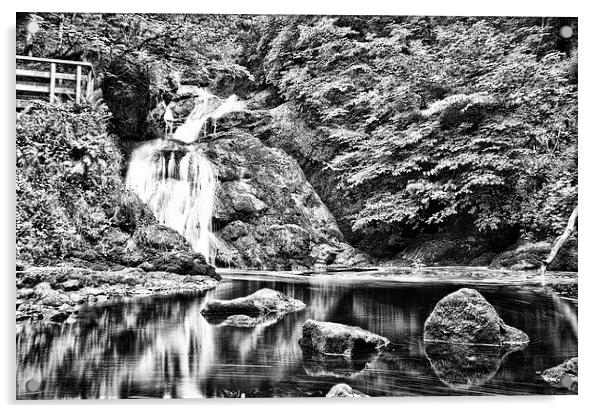 Majestic Waterfall in Black and White Acrylic by Les McLuckie