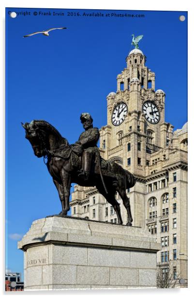 Statue, Edward VII set against the Liver Buildings Acrylic by Frank Irwin