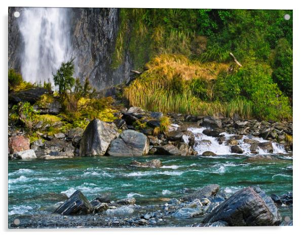 Thunder Creek Falls, South Island, New Zealand Acrylic by Steven Ralser