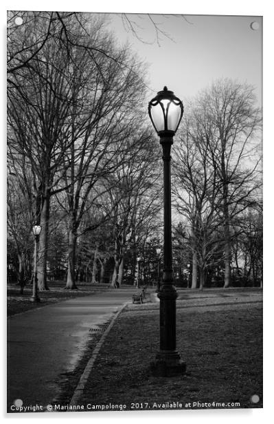 Central Park Streetlamps in black and white Acrylic by Marianne Campolongo