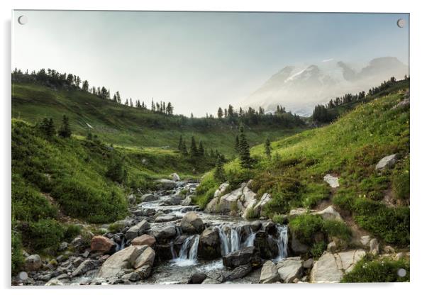 Early Evening Light on Mt Rainier and Edith Creek Acrylic by Belinda Greb