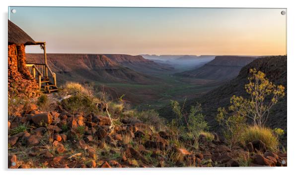 Sun Setting at Grootberg Lodge over Klip River Valley in Namibia Acrylic by Belinda Greb