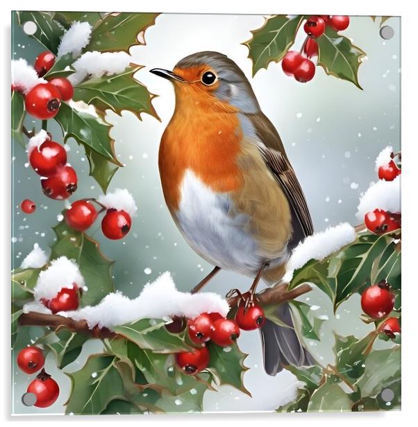 Robin on holly branch Acrylic by Scott Anderson