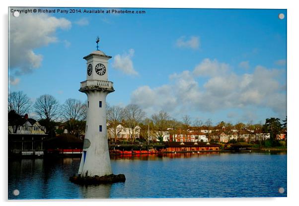 Roath Park Lighthouse and Boathouse Acrylic by Richard Parry