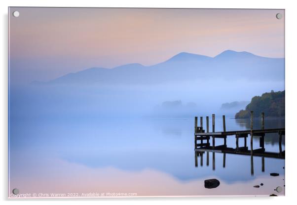 Jetty in the mist at Derwent Water Cumbria Lake Di Acrylic by Chris Warren
