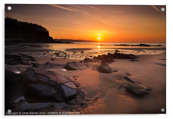 Sunrise reflection on the beach Saundersfoot Pembr Acrylic by Chris Warren