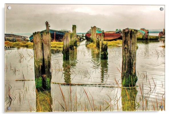Hoo Marina, Kent, Wrecked Boats Acrylic by Robert Cane