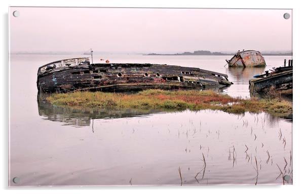 Hoo Marina, Kent, Wrecked Boats Acrylic by Robert Cane