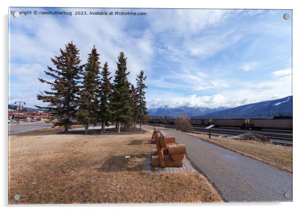 Jasper Alberta View Of Trains And Snowy capped Mou Acrylic by rawshutterbug 