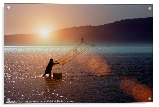 A Thai fisherman at sunrise Acrylic by Jim O'Donnell