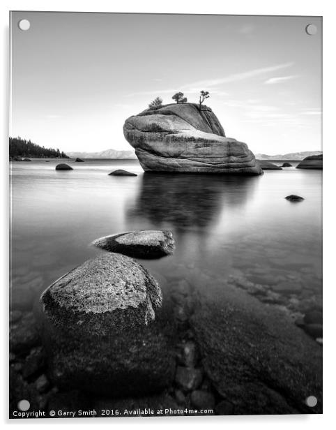 The Bonsai Rock at Lake Tahoe. Acrylic by Garry Smith