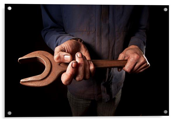 Mechanic holding large wrench Acrylic by Dean Mitchell