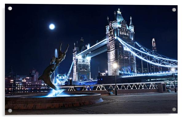 London Tower Bridge with dolphin statue Acrylic by John Ly