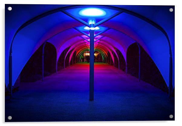 Tunnel to North Greenwich Pier - Blue Lights Acrylic by John Ly