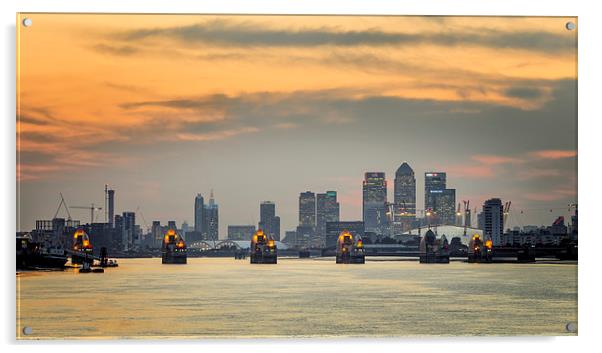  Sunset on River Thames with Canary Wharf and O2 Acrylic by John Ly