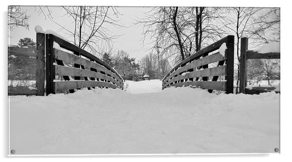 Snow covered bridge. Acrylic by Jeffrey Evans
