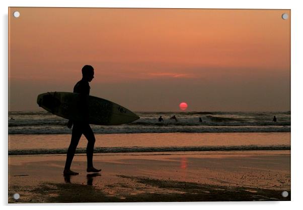 Silhouette of a surfer Acrylic by Helen Cooke