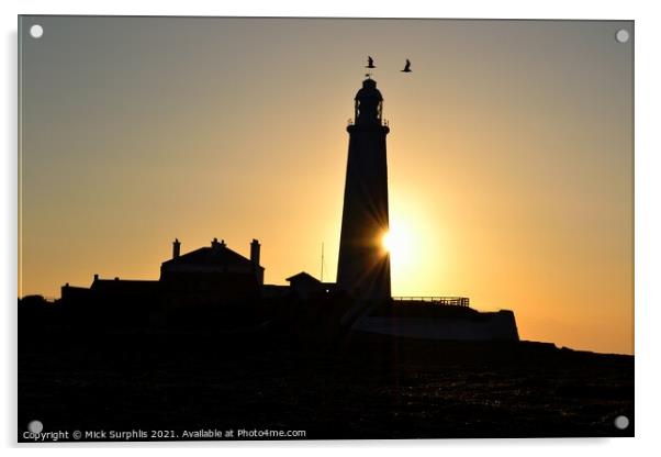 Sunrise biting a chunk out of St Marys Lighthouse Acrylic by Mick Surphlis