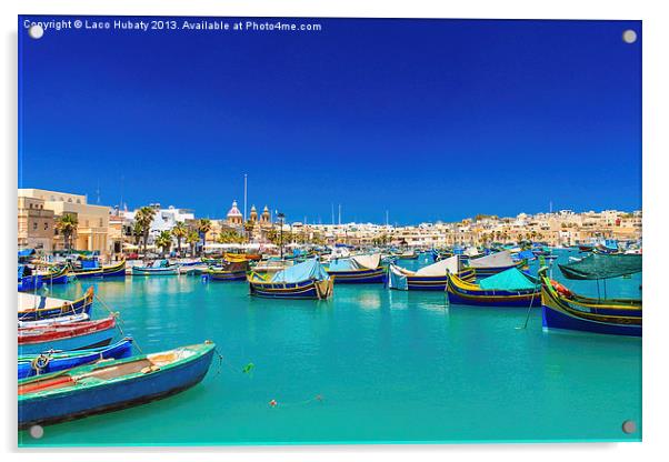 Fishing boats on turquoise sea Acrylic by Laco Hubaty