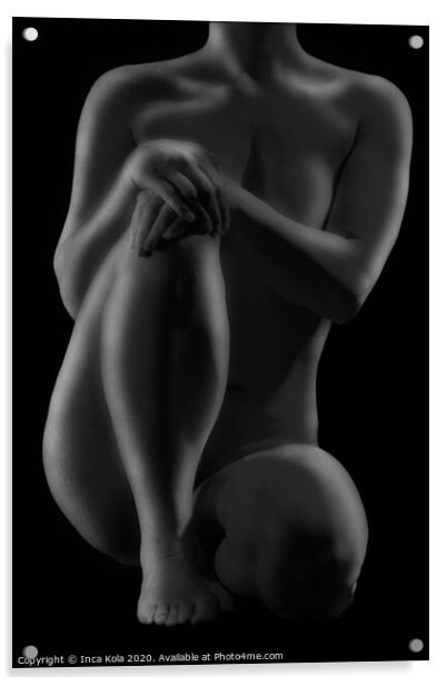 Seated crouching nude in a dreamy black & white style Acrylic by Inca Kala