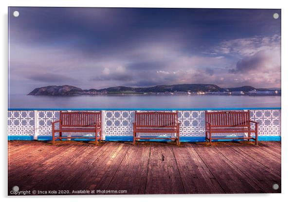 Three Benches on Llandudno Pier Acrylic by Inca Kala