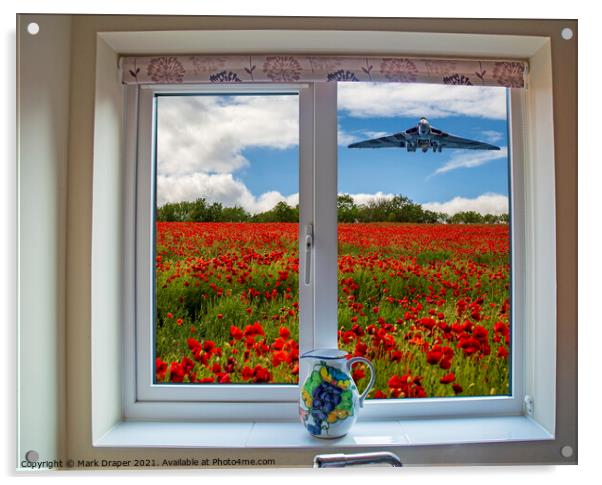 Through my kitchen window, a Vulcan over a poppy field. Acrylic by Mark Draper