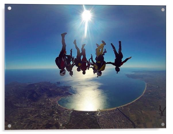 Skydive freefly over the bay Acrylic by Ewan Cowie