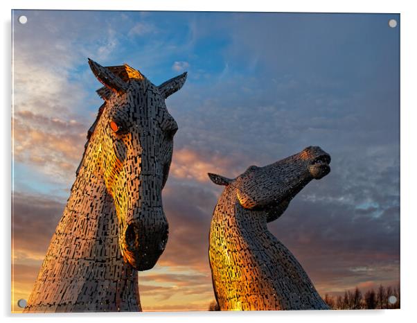The Kelpies, Falkirk at sunset. Acrylic by Tommy Dickson