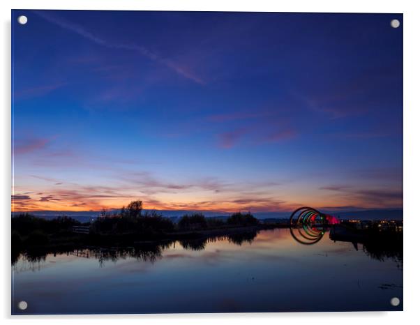 Falkirk Wheel at dusk. Acrylic by Tommy Dickson