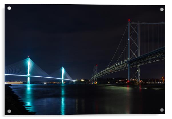 The Queensferry Crossing and Forth Road Bridge. Acrylic by Tommy Dickson