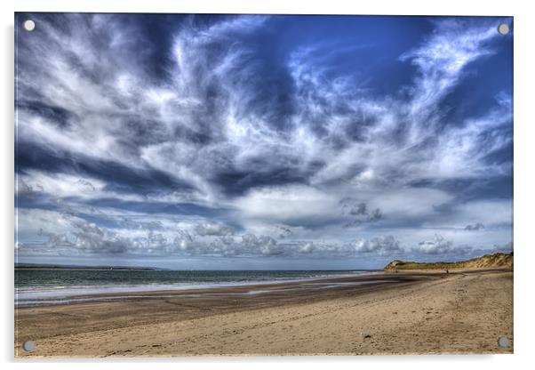 Swirling clouds and blue skies over Saunton Devon Acrylic by Mike Gorton