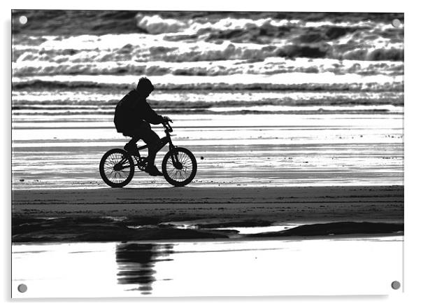 Lone Biker on Westward Ho! beach Acrylic by Mike Gorton