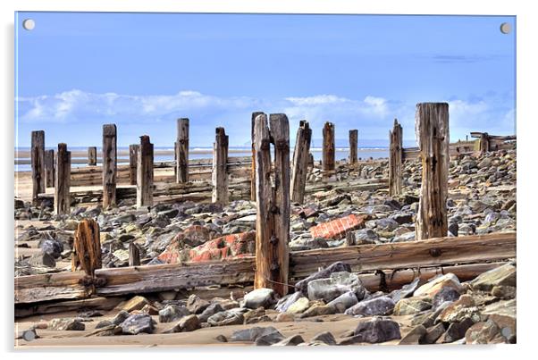 Battered Remains of Groynes along the beach Acrylic by Mike Gorton