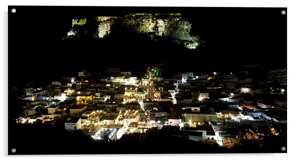 Lindos Rhodes Town and Acropolis at Night Acrylic by Mike Gorton