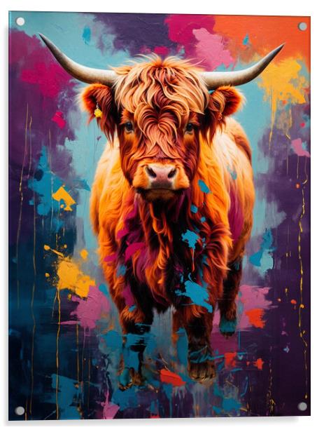 Colorful and artistic portrait of a Highland cow.  Acrylic by Guido Parmiggiani