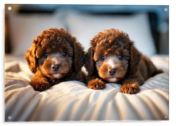 Two cute poodle puppies cuddled on home bed. Acrylic by Guido Parmiggiani