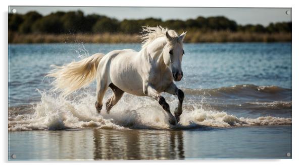 The imposing white stallion trots majestically on  Acrylic by Guido Parmiggiani