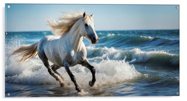 A white stallion gallops over a wave in the ocean Acrylic by Guido Parmiggiani