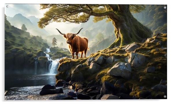 A mystical forest filled with ancient trees and a hidden waterfall, where a lone highland cow stands proudly on a rocky outcrop, Acrylic by Guido Parmiggiani