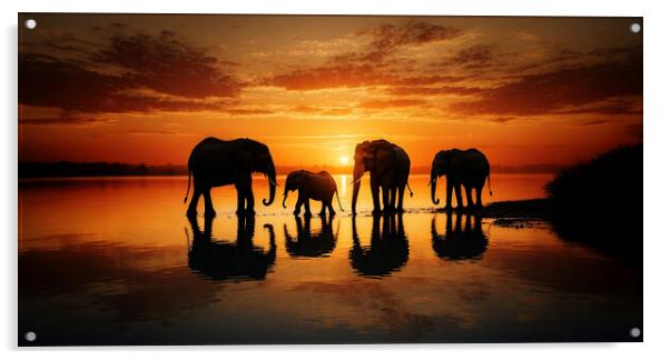 A family of African elephants moving at dusk in search of food.  Acrylic by Guido Parmiggiani