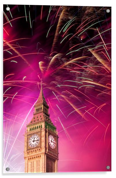 Big Ben and New Year 's fireworks Acrylic by Guido Parmiggiani
