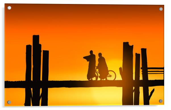 U Bein bridge and people at sunset Acrylic by Guido Parmiggiani