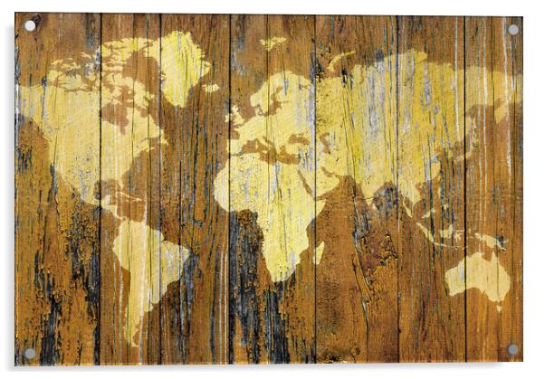Map of the world on wooden surface Acrylic by Guido Parmiggiani