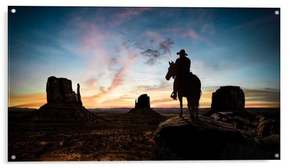 Silhouette of a cowboy at sunset Acrylic by Guido Parmiggiani