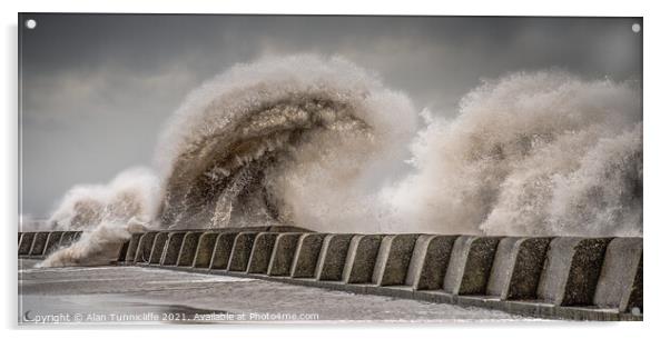 Large waves crashing over sea wall Acrylic by Alan Tunnicliffe