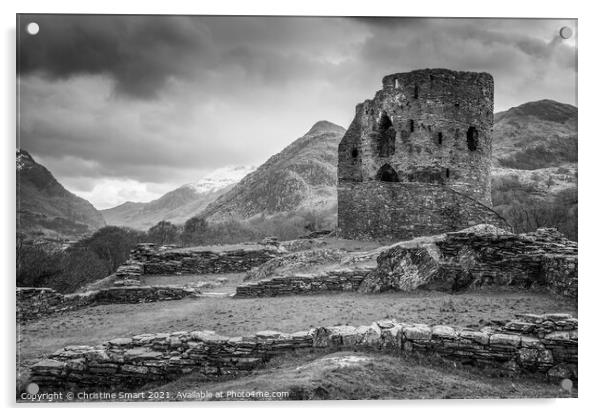 Dolbadarn Castle, Llanberis - Snowdonia, Wales Black and White Acrylic by Christine Smart